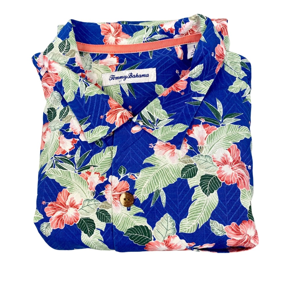 Tommy Bahama Silk Hawaiian Shirt Mens Large Floral Blue Tropical